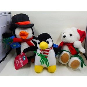 Fun World Christmas Penguin and Bear Plush Lot of 3 MerryBrite Stuffed Animals